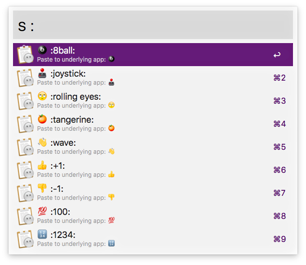 A list within Alfred with all emoji