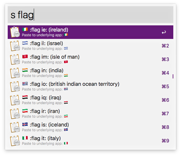 A list within Alfred with country flag emoji